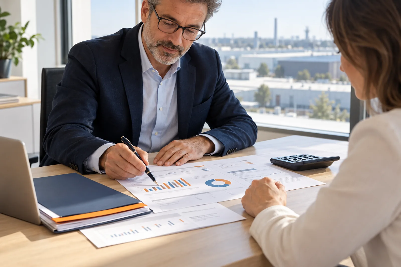 Illustration d’un conseiller et d’une dirigeante analysant des factures et des consommations d’électricité